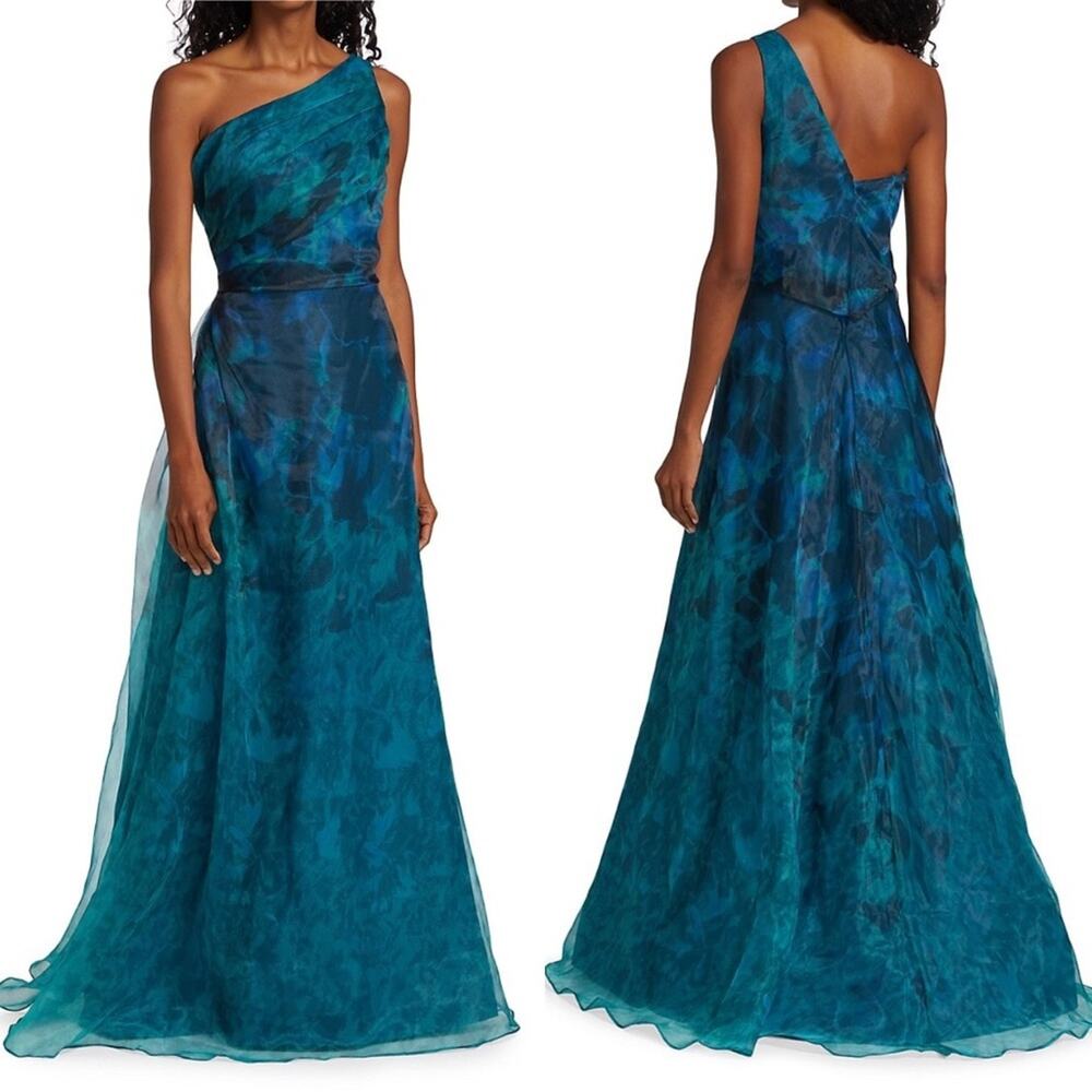 Rene Ruiz Collection Dress Blue/Teal Sz 2 One Shoulder Organza A-Line Gown FLAWS